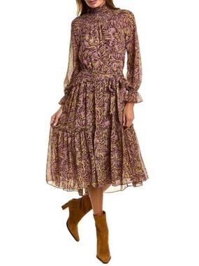Cinq a Sept Women’s Amari Long Sleeve Belted Chiffon Purple Floral Midi Dress 8